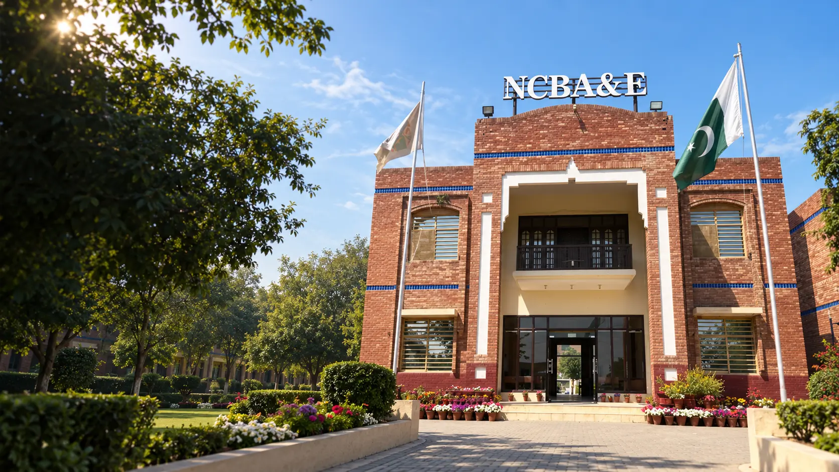 NCBA&E campus building and landscaped entrance